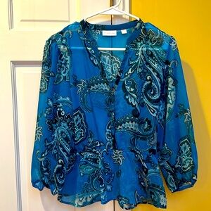 NY & co sheer blue dark floral printed blouse, small.